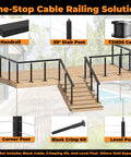 Hella Solid DIY Cable Railing Post Kit Complete Stainless Steel Wire Rope Deck System showing handrail, posts, and cable on deck.