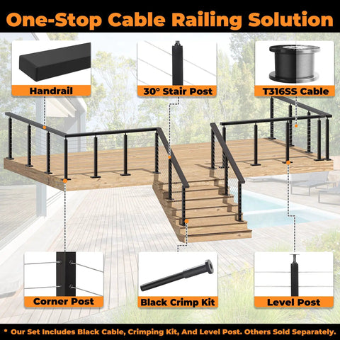 Hella Solid DIY Cable Railing Post Kit Complete Stainless Steel Wire Rope Deck System showing handrail, posts, and cable on deck.