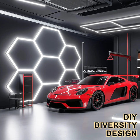 Hexagon LED Garage Lights Kit Pro Grade With 69 Pack Tubes installed in auto shop with sports car under 14 grid system