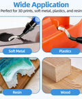 Pro Grade 13-Piece Deburring Tool Kit For 3D Printing With Aluminum Handle, 12 M2 HSS Blades For Deburring Metal Resin Copper And PVC Pipes, Heavy Duty Burr Remover, Easy Grip, Blue in use on metal, plastic, resin, and wood surfaces.