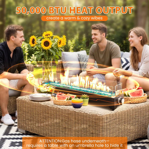 Friends enjoying 36 Inch Tabletop Propane Fire Pit With 50000 BTU Portable Gas Fireplace For Patio Hangs And Outdoor Use.