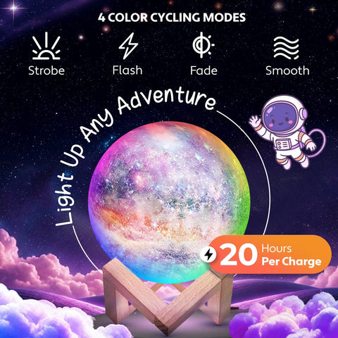 Galaxy Moon Lamp With Multi Color Glow, Touch Or Remote Control, Wood Stand, Lit Galaxy Night Light For Kids And Teens, Perfect Birthday Gift For Any Year Old Boy Or Girl, Cool Bedroom Decor And Vibe 4.7 Inch glowing with cosmic design