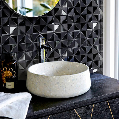 Stainless Steel Backsplash Tiles Peel And Stick 10 Sheets with 3D Brushed Windmill Pattern in black behind white sink.