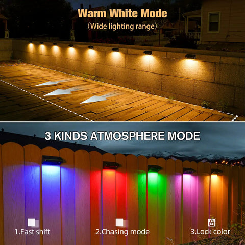 Solar Fence Lights 4 Pack Plus 100 Lumen Outdoor Solar Light IP65 Waterproof showing warm white and RGB modes on fence and wall