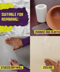 Fiberglass Drywall Repair Tape 6 Inch By 75 Foot Heavy Duty Self Adhesive Patch shown repairing ceramic, plastic, stucco, and ceilings.