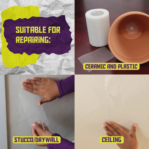 Fiberglass Drywall Repair Tape 6 Inch By 75 Foot Heavy Duty Self Adhesive Patch shown repairing ceramic, plastic, stucco, and ceilings.