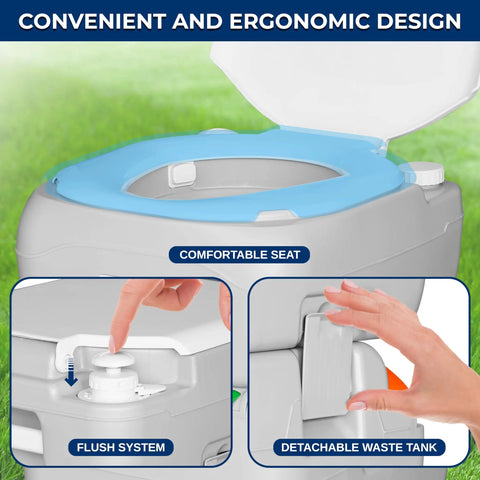 5.8 Gallon Portable Camp Toilet For Adults with detachable waste tank and flush system, convenient for camping and hiking.