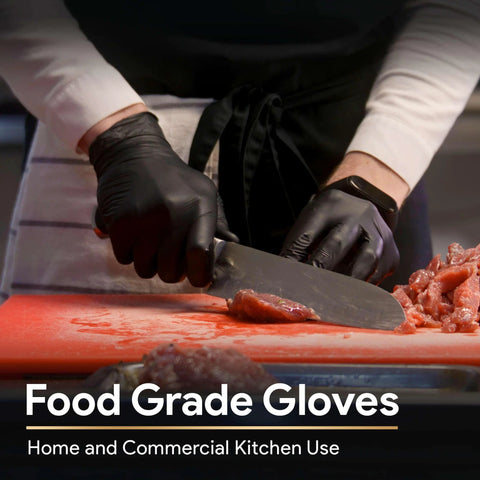 FifthPulse black nitrile gloves, 6 mil, Large, worn while slicing meat on a red cutting board