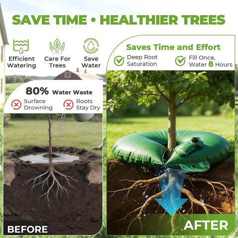 Before and after comparison using 15 Gallon Tree Watering Bags Set Of 4 With Rings Slow Release Water For 1 To 7 Days Deep Root Automatic Drip
