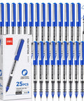 Rollerball Pens 0.7 Mm Blue Ink 25 Pack, High Capacity Writing Set displayed with box and individual blue-capped pens