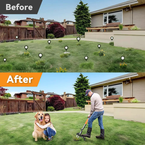 Before and after using Stand Up Weed Puller With Long Handle And 3 Claw Steel Head For No Bending Kneeling Free Weeding In Lawns