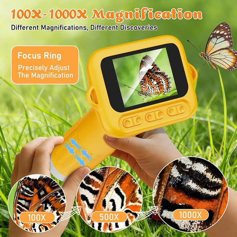 Digital Microscope For Kids With 2 Inch HD Screen Handheld Camera For Bugs Plants Nature Totally Fun And Educational Pocket Microscope STEM Toy Gift For Boys And Girls Ages 4 To 12, yellow, 2-inch screen