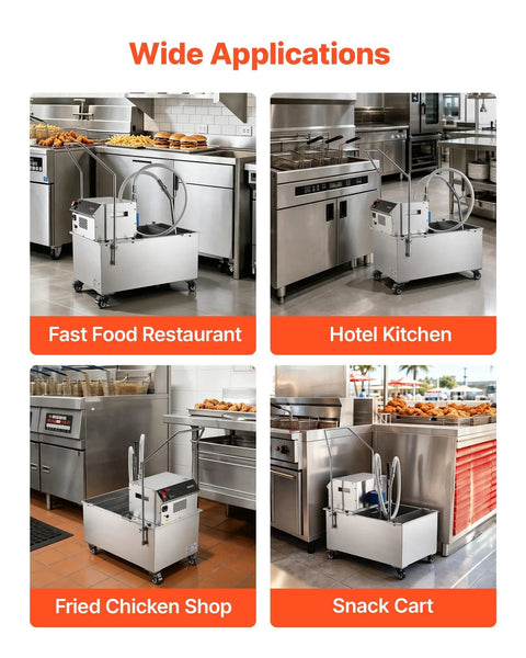 VEVOR Commercial Mobile Fryer Filter Truck Cart 55 Liter Oil Filtration System in fast food restaurant kitchen.