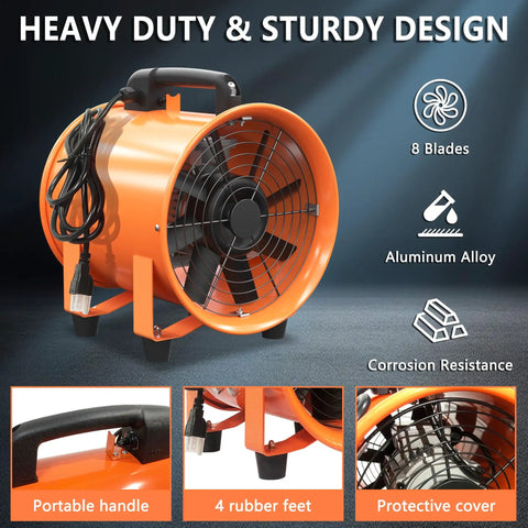 8 Inch Utility Blower Fan Industrial Portable Exhaust with 900 CFM Airflow, aluminum alloy body, rubber feet, and protective cover.