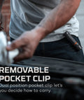 Torchy 2K Rechargeable Pocket Flashlight with 2000 Lumens clipped to jeans during car repair.