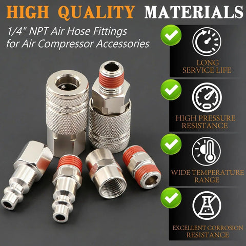 All In One 48 Piece Quick Connect Air Hose Fittings Kit With One Quarter Inch NPT Threads Includes Female And Male Couplers