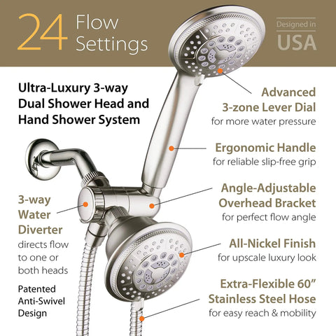 High Pressure 24 Function Handheld Showerhead And Rain Shower Combo With Four Inch Chrome Face Dual 2 In 1 Shower Head System