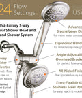 High Pressure 2 In 1 Handheld And Rain Shower Head System With 24 Full And Combined Settings, stainless steel hose, nickel finish