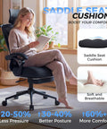 Woman sitting on ergonomic office chair with footrest, adjustable lumbar support and headrest, home office setting.