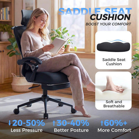 Woman sitting on ergonomic office chair with footrest, adjustable lumbar support and headrest, home office setting.