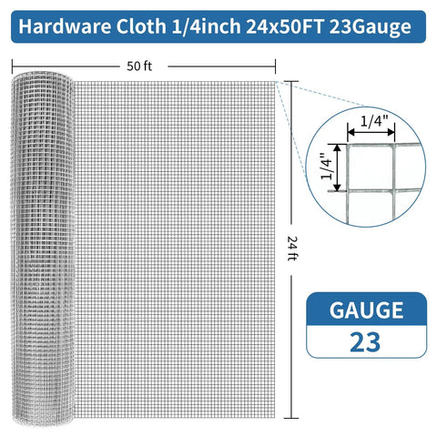 Heavy Duty Hardware Cloth 1/4 Inch, 24 By 50 Feet, Hot Dip Galvanized After Welding, Rustproof Welded Wire Mesh for Garden, Poultry, Fencing, and Other Outdoor DIY Projects, 23 gauge roll