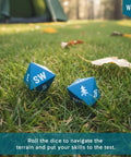 Oversized 8-Sided Wooden Dice Set For Outdoor Adventures With Directional And Number Dice on grass with blurred tent
