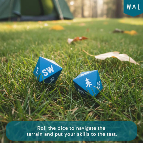 Oversized 8-Sided Wooden Dice Set For Outdoor Adventures With Directional And Number Dice on grass with blurred tent