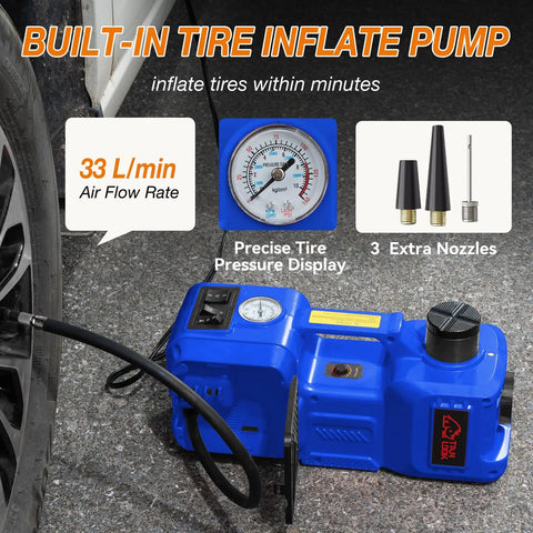 Beefy Heavy Duty Electric Car Jack Kit With Hydraulic Lift 5 Ton, Tire Inflator And Impact Wrench, 12V Floor Jack For Sedans, SUVs, MPVs And Trucks, Ideal For Tire Changes And Garage Repairs. Electric tire inflator with pressure gauge and nozzles