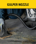 Person using 4 Gallon Wet And Dry Shop Vac With 4 Peak HP Stainless Steel Tank 3 In 1 Blower Heavy Suction Portable Top Handle Vacuum with gulper nozzle on workshop floor