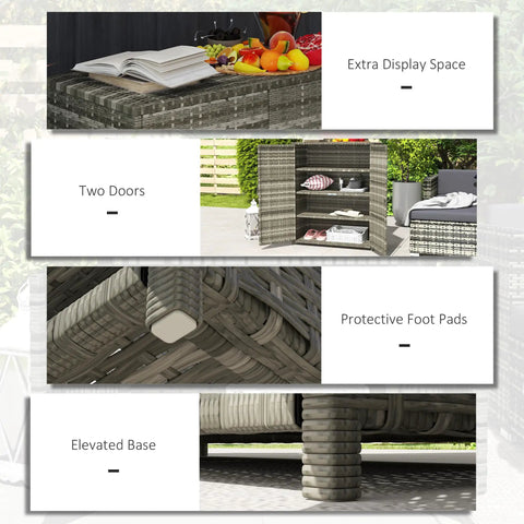 Sturdy Wicker Outdoor Storage Cabinet With Four Shelves And Two Doors, the perfect stash for pool towels and spa in backyard.