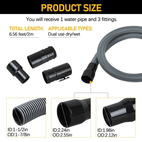 Upgrade 1-7/8 Inch By 7 Foot Wet Dry Vacuum Hose With Universal Inlet Fit And POS-I-LOCK Connection, shown with fittings