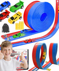 20ft Flex Roll Up Slot Car Race Track For Kids With Four Alloy Cars, loops, strong suction cups, and portable storage bag.