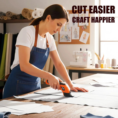 Powerful Electric Scissors Cordless For Fabric And Craft With Two Blades cutting fabric on a wooden table, ideal for sewing projects.