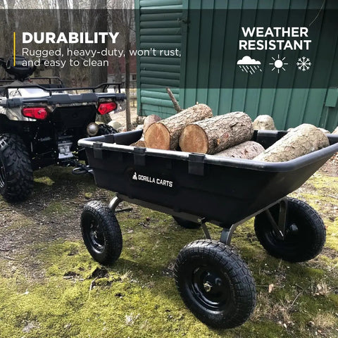 Heavy-Duty Poly Yard Dump Cart With 10 Cu Ft Tub And 1500 Lb Haul Capacity, Towable All-Terrain Wagon With Quick-Release Dumping And Pneumatic Tires For Landscaping And Gardening carrying logs in garden setting