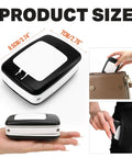 Pocket Magnifier With Light And Stand 3X Magnification shown with dimensions, and in use in purse and pocket for portability.