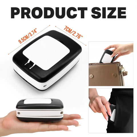 Pocket Magnifier With Light And Stand 3X Magnification shown with dimensions, and in use in purse and pocket for portability.