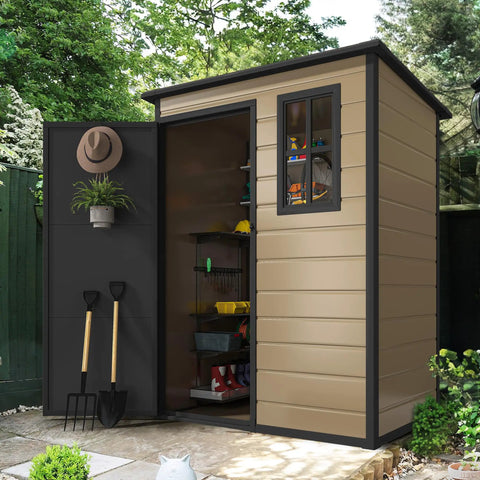 5x3ft Resin Outdoor Storage Shed With Floor Lockable Door And Window Built Tough For All Weather Waterproof Tool Storage