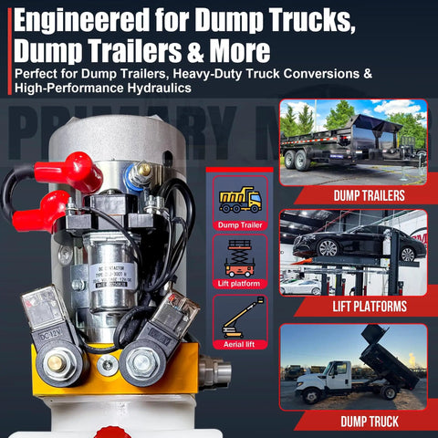12V DC Dump Trailer Hydraulic Power Unit With Double Acting Pump Tough As Nails Heavy Duty Lift System 6 Quart Poly Reservoir Remote Controller Easy Install For Quick Dump Bed Action in various applications