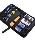 Open carrying case showing 7-In-1 Pro Grade Network Tool Kit for Fast DIYer Ethernet Builds with tools and accessories neatly arranged.