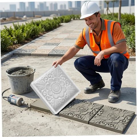 Worker using Two Pack Antique Lotus Design Concrete Paver Molds For DIY Garden Path Stepping Stones Reusable Cement Forms For Patio Walkways