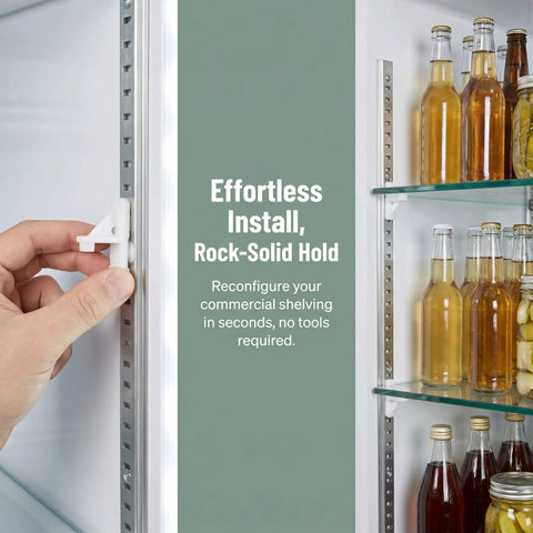Ten Pack Refrigerator Shelf Support Clips And Freezer Bracket Set securing fridge shelves with drinks