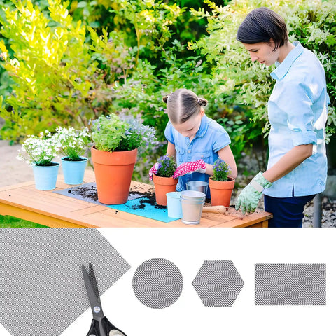 10 Pack Flower Pot Hole Mesh Pads For Superior Drainage 11.8 By 7.8 Inch Bonsai Plant Screen Mesh Prevent Soil Leakage shown with potted plants
