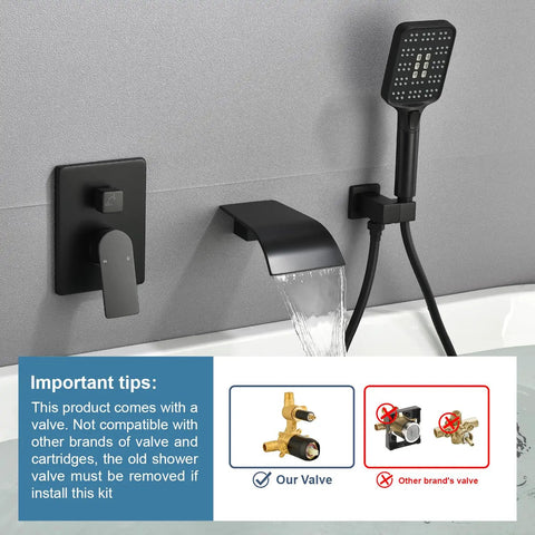 Matte Black Tub Faucet Set with Handheld Sprayer and Wall Mount Tub Filler Rough In Valve Trim Kit Half Inch NPT Easy Install