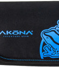 Close-up of padded mask bag showing Akona logo and abstract graphic, with easy Velcro closure and carabiner for scuba mask safety.