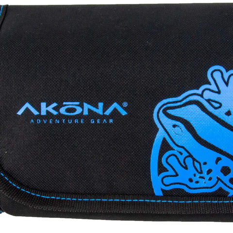 Close-up of padded mask bag showing Akona logo and abstract graphic, with easy Velcro closure and carabiner for scuba mask safety.