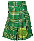 Mens Plaid Kilt With Adjustable Cowhide Leather Strap Detachable Cargo Pouch Chain Casual Streetwear Rugged Outdoor Style 40 Inch Length From Navel For Active Hiking Gear in green tartan with pockets and chains.