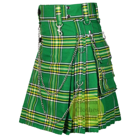 Mens Plaid Kilt With Adjustable Cowhide Leather Strap Detachable Cargo Pouch Chain Casual Streetwear Rugged Outdoor Style 40 Inch Length From Navel For Active Hiking Gear in green tartan with pockets and chains.