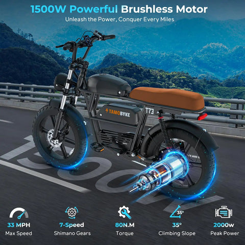 Retro Vibes Dual Battery Fat Tire Electric Bike For Adults with 1500W motor, vintage leather seat, and smart screen on a scenic route.