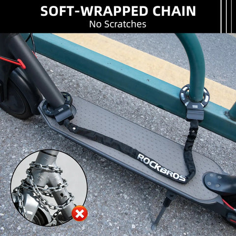 Heavy Duty 23.4 Inch Square Chain Bike And Scooter Lock With Key Copper Keys Nylon Cover ABS Body Zinc Alloy Core A3 Chrome Plated Steel Chain Polypropylene Sleeve Durable Anti Theft For Street Campus And Commuter Use on scooter and rail
