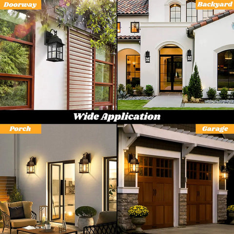 Collage showcasing 2 Pack Outdoor Wall Light Fixtures, Waterproof Aluminum Black Sconces With Cross Grid Glass on doorways, porch, garage, house.